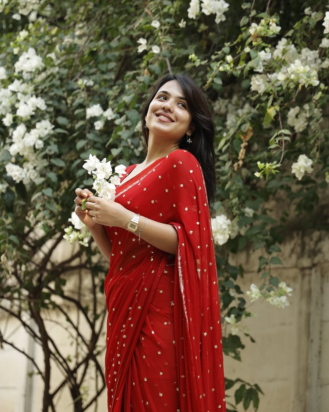 Red Viscose Georgette Sequins Saree with Satin Border & Contrast Blouse – Partywear Collection