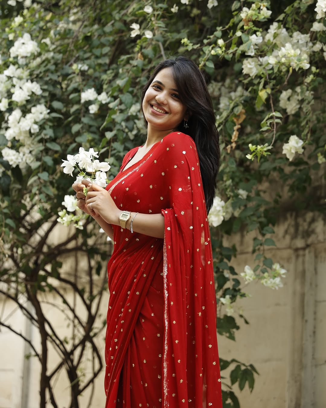 Red Viscose Georgette Sequins Saree with Satin Border & Contrast Blouse – Partywear Collection