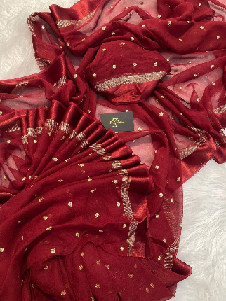 Maroon Viscose Georgette Sequins Saree with Satin Border & Contrast Blouse – Partywear Collection