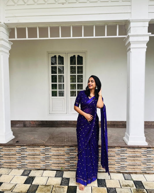 Blue Viscose Georgette Sequins Saree with Satin Border & Contrast Blouse – Partywear Collection