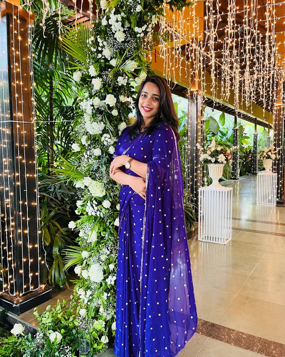 Blue Viscose Georgette Sequins Saree with Satin Border & Contrast Blouse – Partywear Collection