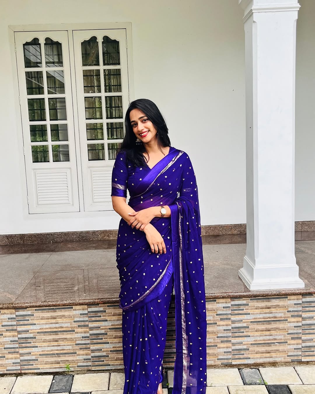 Blue Viscose Georgette Sequins Saree with Satin Border & Contrast Blouse – Partywear Collection