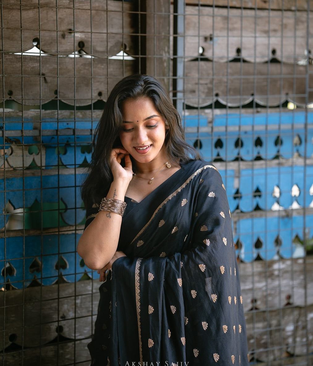 Black Jute Viscose Saree with Running Blouse – Back in Stock Partywear