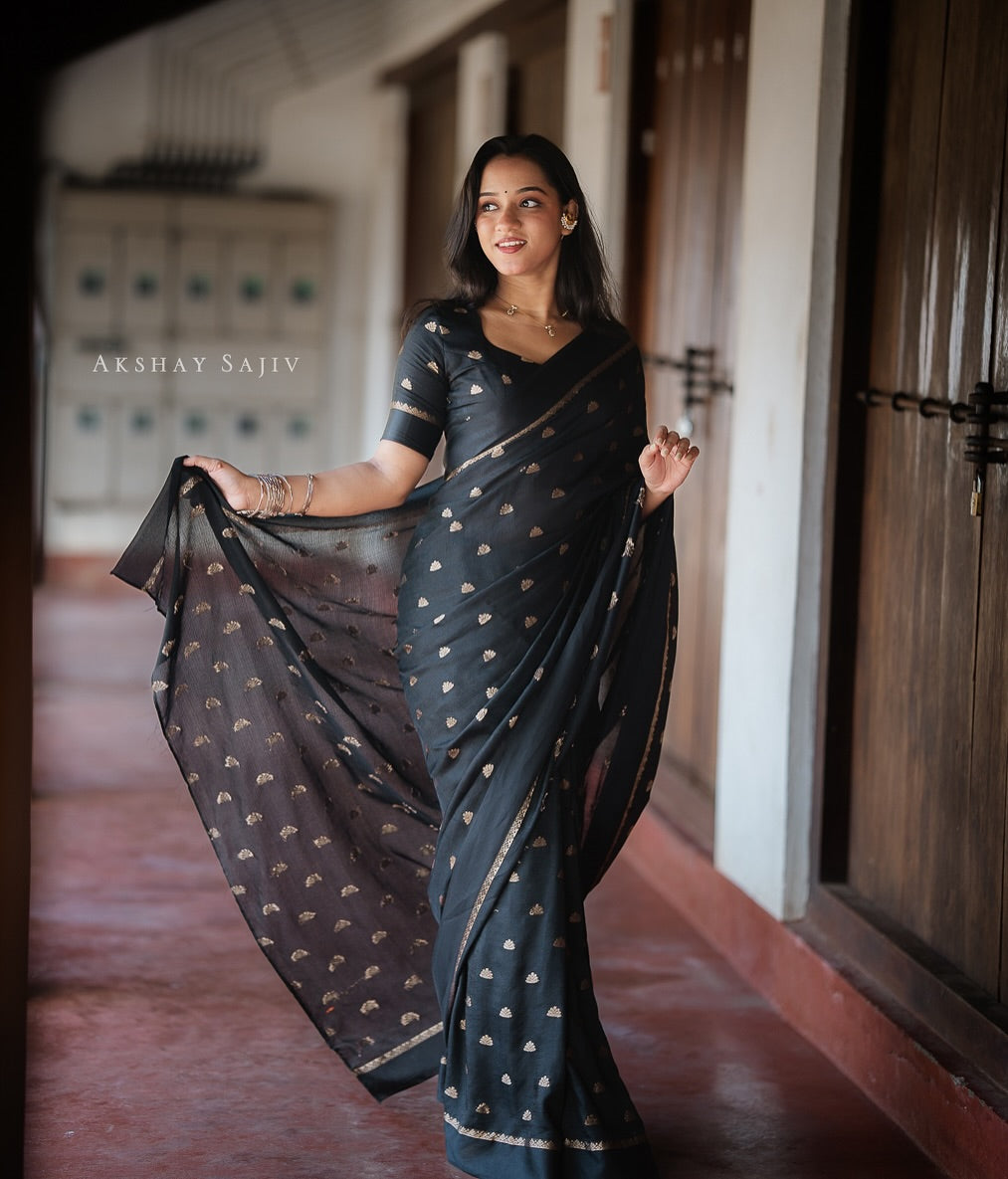 Black Jute Viscose Saree with Running Blouse – Back in Stock Partywear