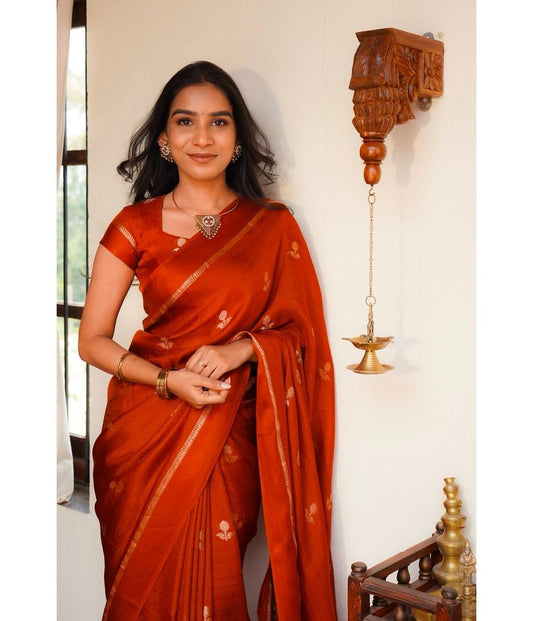 Fiery Orange Soft Viscose Khadi Silk Partywear Saree with Satin Border & Jacquard Design