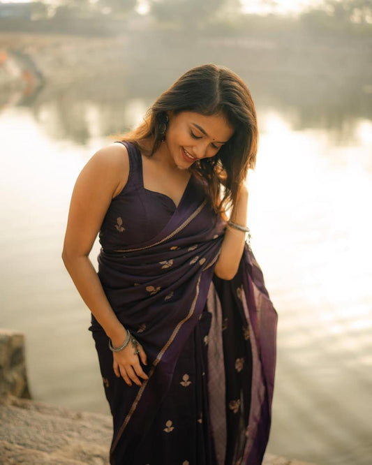 Violet Soft Viscose Khadi Silk Partywear Saree with Satin Border & Jacquard Design
