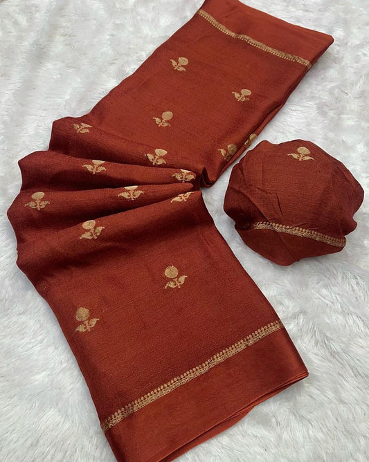 Brown Soft Viscose Khadi Silk Partywear Saree with Satin Border & Jacquard Design