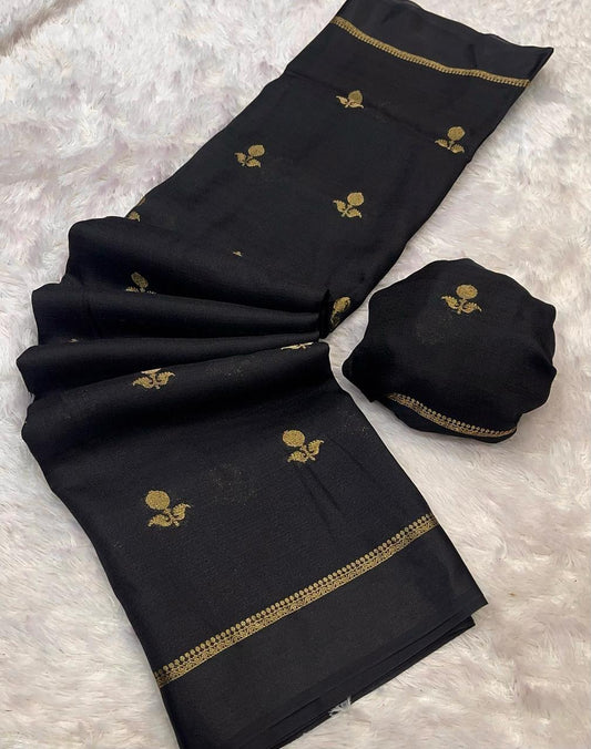 Black Soft Viscose Khadi Silk Partywear Saree with Satin Border & Jacquard Design