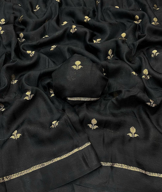 Black Soft Viscose Khadi Silk Partywear Saree with Satin Border & Jacquard Design