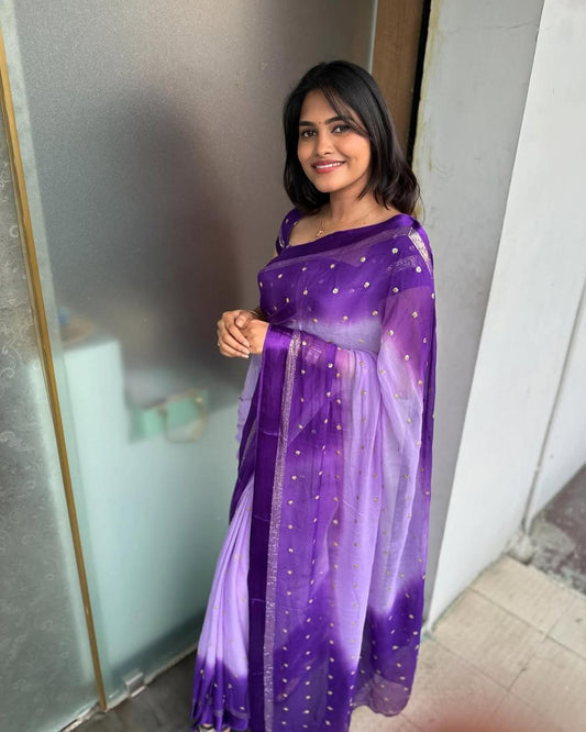 VIOLET DUAL SHADE Viscose Georgette Sequins Saree with Satin Border & Contrast Blouse – Partywear