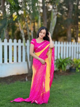 PINK DUAL SHADE Viscose Georgette Sequins Saree with Satin Border & Contrast Blouse – Partywear