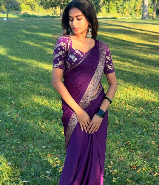 Violet Viscose Chinon Saree with Dola Banarasi Silk Blouse – Festive & Wedding Wear