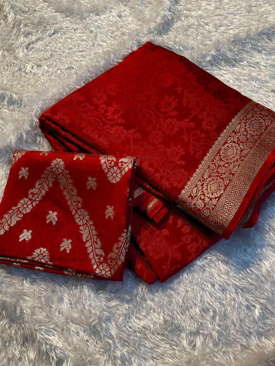 Red Viscose Chinon Saree with Dola Banarasi Silk Blouse – Festive & Wedding Wear