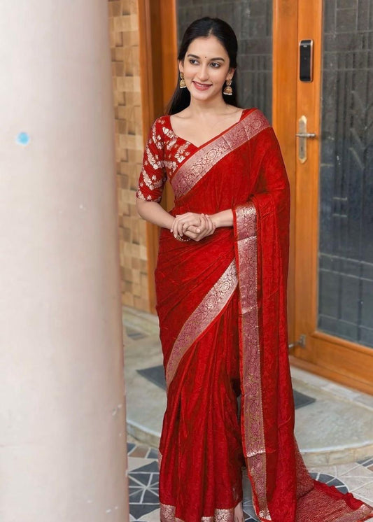 Red Viscose Chinon Saree with Dola Banarasi Silk Blouse – Festive & Wedding Wear