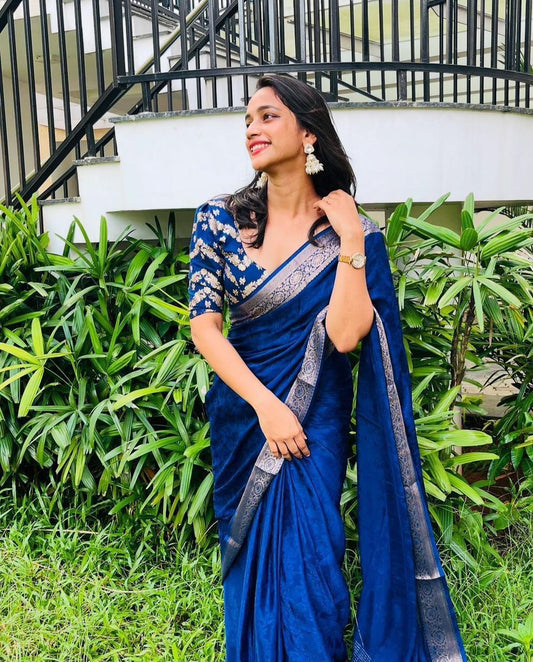 Blue Viscose Chinon Saree with Dola Banarasi Silk Blouse – Festive & Wedding Wear