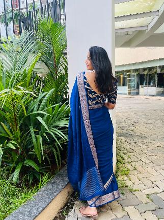 Blue Viscose Chinon Saree with Dola Banarasi Silk Blouse – Festive & Wedding Wear