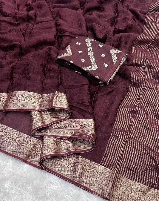 Brown Viscose Chinon Saree with Dola Banarasi Silk Blouse – Festive & Wedding Wear