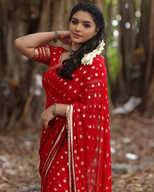 Bright Red Viscose Georgette Saree with Running Blouse – Elegant Partywear Collection