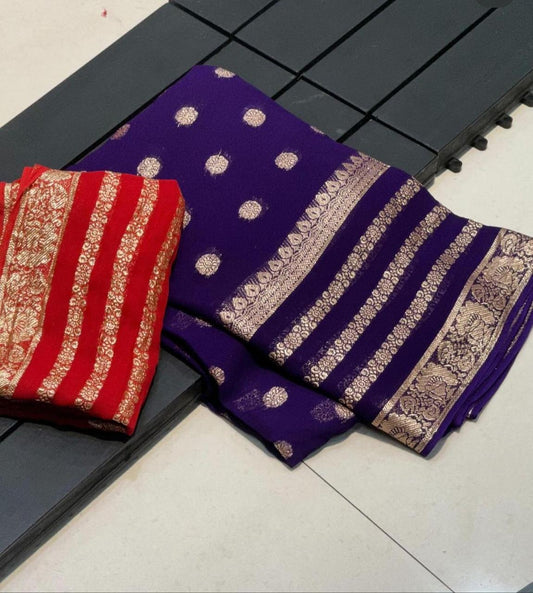 Violet Viscose Georgette Saree with Red Running Blouse – Elegant Partywear Collection