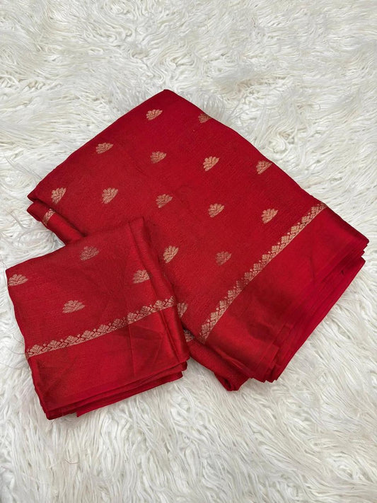 Red Jute Viscose Saree with Running Blouse – Back in Stock Partywear