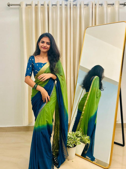 Green Viscose Georgette Shaded Saree with Contrast Blouse – Party & Festive Wear