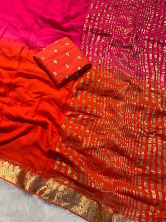 Pink and Orange Viscose Georgette Shaded Saree with Contrast Blouse – Party & Festive Wear