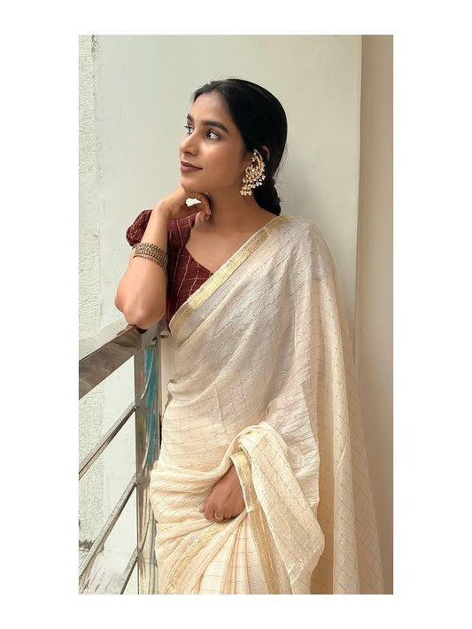 Viscose Pure Chinon Saree with Contrast Running Blouse – Elegant Partywear