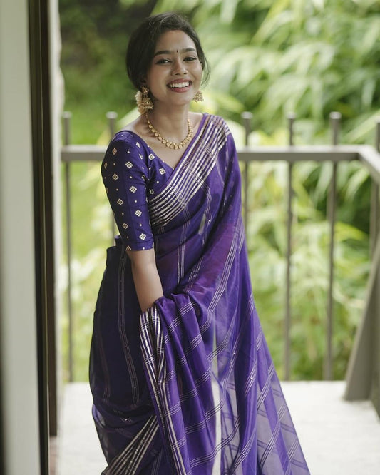 Violet Viscose Chinon Weaving Saree with Dola Banarasi Silk Blouse – Festive Collection