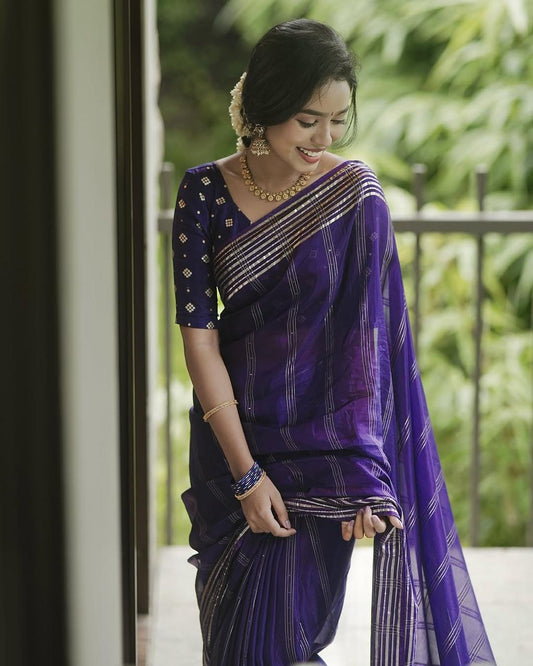Violet Viscose Chinon Weaving Saree with Dola Banarasi Silk Blouse – Festive Collection