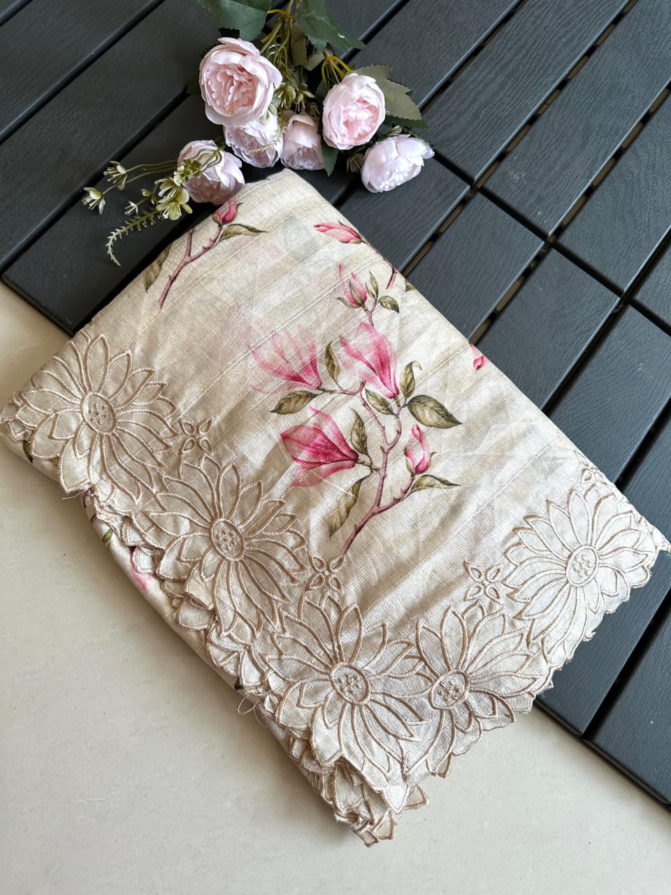 Pure Tussar Silk Cutwork Saree with Floral Pattern & Blouse – Exclusive Summer Collection