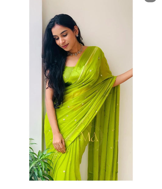 Light Green Viscose Georgette Sequins Saree with Satin Border & Contrast Blouse – Partywear Collection