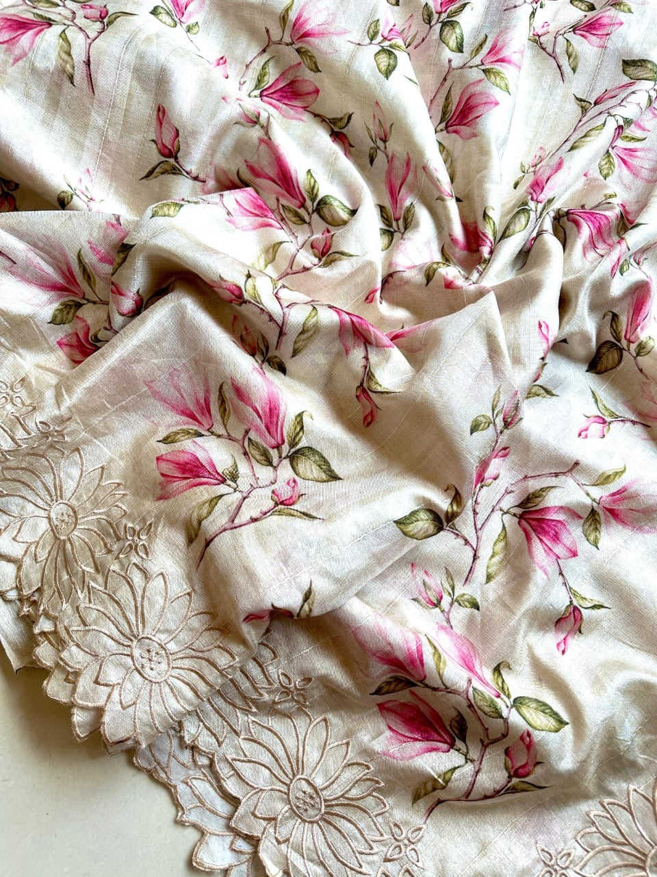 Pure Tussar Silk Cutwork Saree with Floral Pattern & Blouse – Exclusive Summer Collection