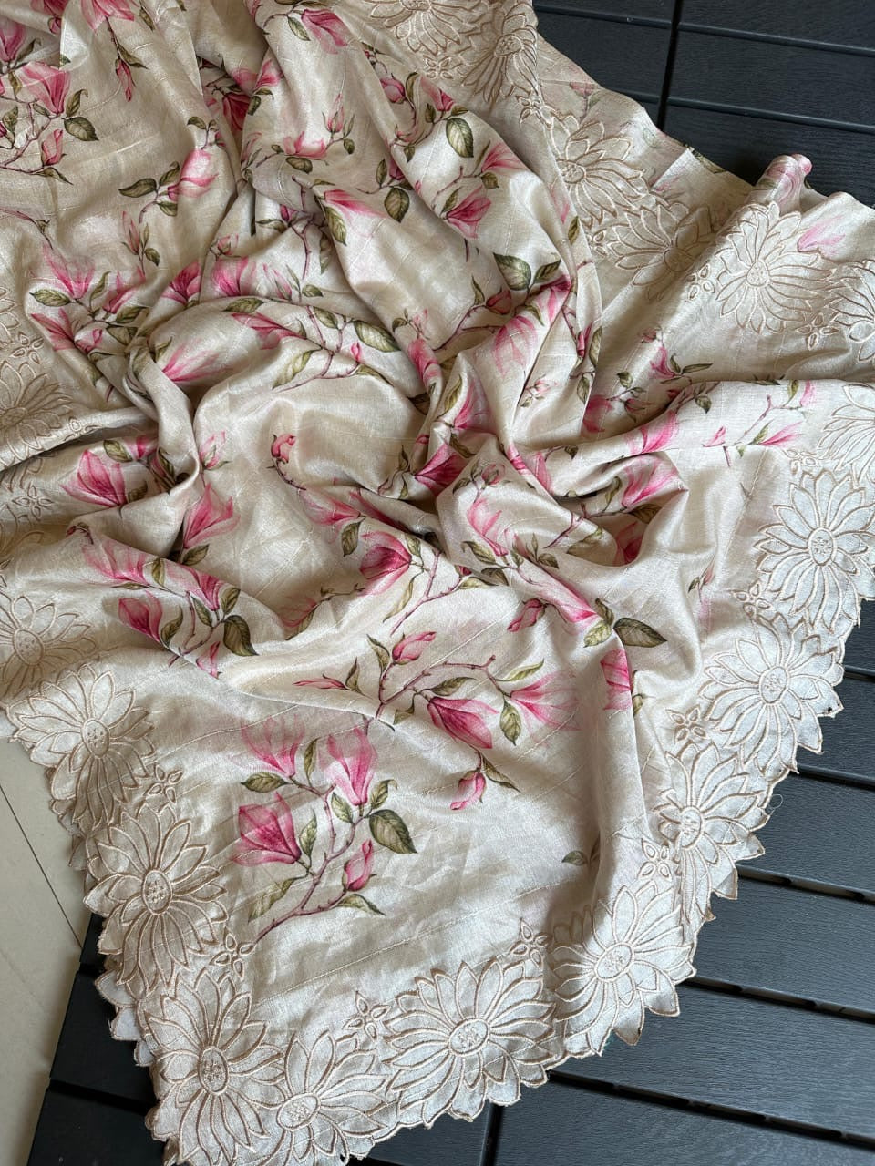 Pure Tussar Silk Cutwork Saree with Floral Pattern & Blouse – Exclusive Summer Collection