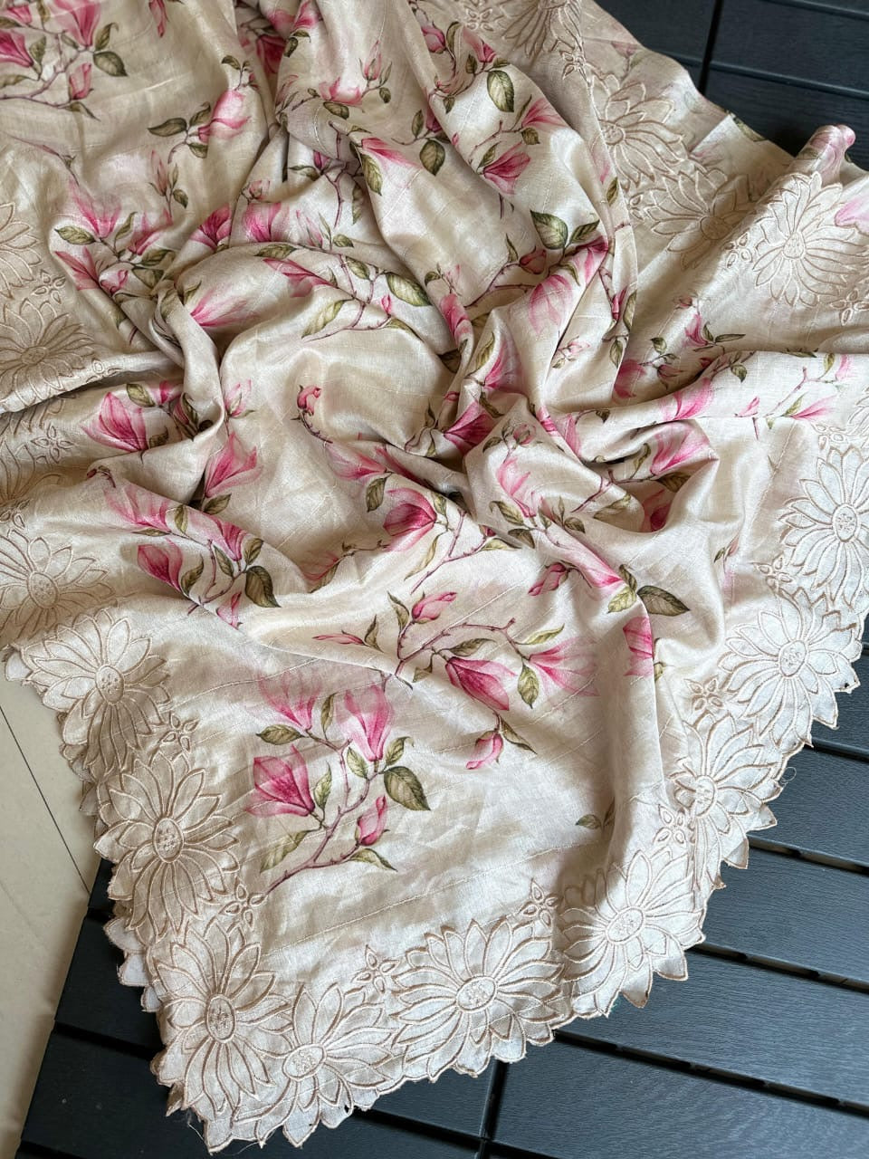 Pure Tussar Silk Cutwork Saree with Floral Pattern & Blouse – Exclusive Summer Collection