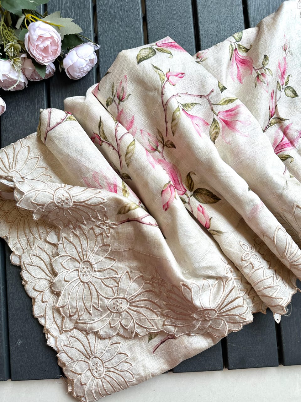 Pure Tussar Silk Cutwork Saree with Floral Pattern & Blouse – Exclusive Summer Collection